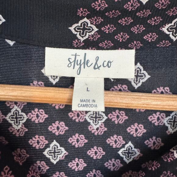 Style & Co Black & Pink Boho Patchwork Print Long Sleeve Tunic Top L - Picture 4 of 7